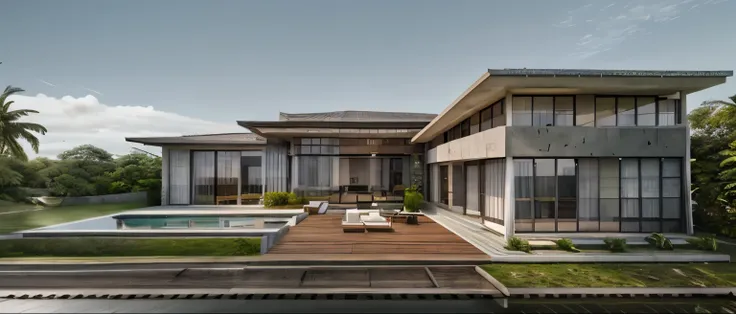 tropical bungalow, modern, grass, trees, light sky, stone way, nature enviroment, house stay a half on ground and half on the lake, roof tile, metal railing, sunshine, render house, render realistic, tropical villa, modern, grass, trees, light sky, stone w...