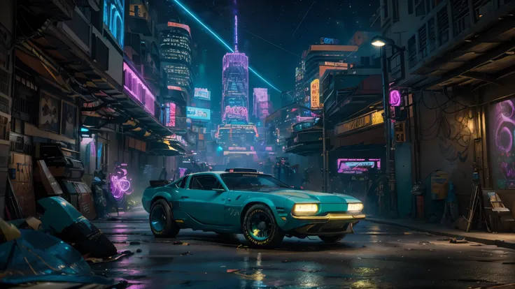 a retrofuturistic cityscape with vibrant neon lights, calles bulliciosas, y rascacielos imponentes, (mejor calidad, 4k), ultra detallado, (realista:1.37) ilustraciones digitales y representaciones 3D inspiradas en microondas (medio) Coches deportivos y mot...