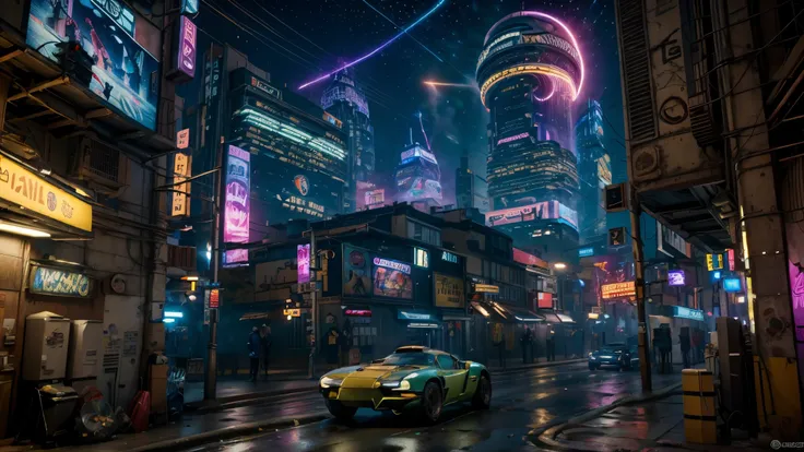 a retrofuturistic cityscape with vibrant neon lights, calles bulliciosas, y rascacielos imponentes, (mejor calidad, 4k), ultra detallado, (realista:1.37) ilustraciones digitales y representaciones 3D inspiradas en microondas (medio) Coches deportivos y mot...