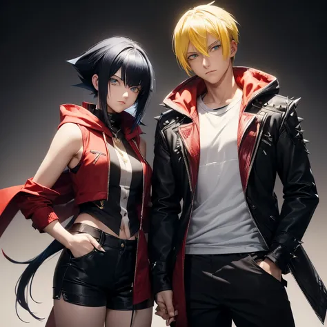 ((Couple)), ((26 years old, male,Yellow hair, Blue eyes), Spiky hair)).
((26 Years Old, female with Black Indigo Hair, Hime Cut, Bang, White Eyes)),, red scarf, red hoodie vest, sleeveless, black pants, black gloves, slim, up to legs, intimidating aura