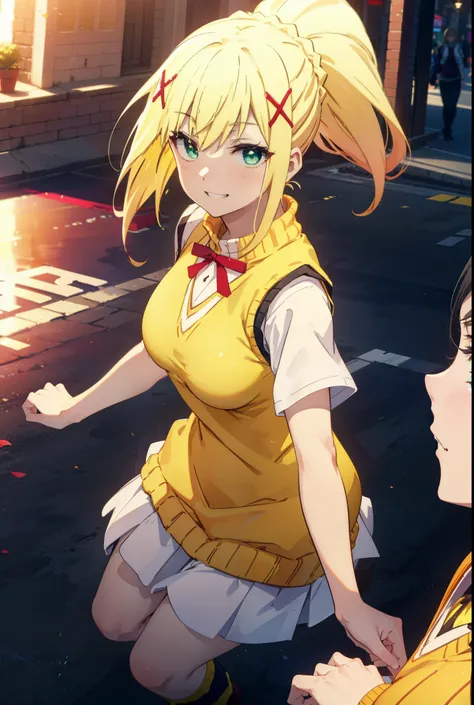 Lalatina Dusty Nesford, Lalatina Dustiness Ford, darkness (KonoSuba), Long Hair, (Green Eyes:1.3), Blonde, hair ornaments, ponytail, Braiding, x hair ornaments,Big Breasts,smile, Grin, White Y-shirt,Short sleeve,Sweater vest, Black knee-high socks,(yellow ...