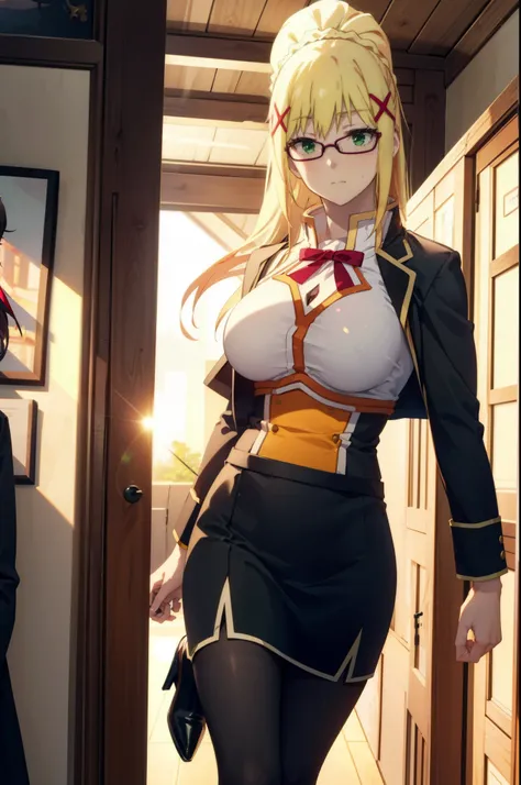 Lalatina Dusty Nesford, Lalatina Dustiness Ford, darkness (KonoSuba), Long Hair, (Green Eyes:1.3), Blonde, hair ornaments, ponytail, Braiding, x hair ornaments,Big Breasts,OL, Red glasses, end, black suit jacket, Collared jacket, White dress shirt, Collare...