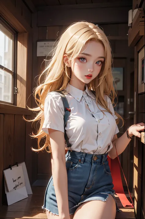 (Best quality at best,8K,A high resolution,tmasterpiece:1.2),Digital artwork, one girl,detailed face,detailed eyes,blonde hair,long straight hair,glowing red eyes,red lip,Suspenders