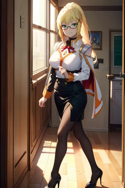 Lalatina Dusty Nesford, Lalatina Dustiness Ford, darkness (KonoSuba), Long Hair, (Green Eyes:1.3), Blonde, hair ornaments, ponytail, Braiding, x hair ornaments,Big Breasts,OL,Grin, Red glasses, black suit jacket, Collared jacket, White dress shirt, Collare...
