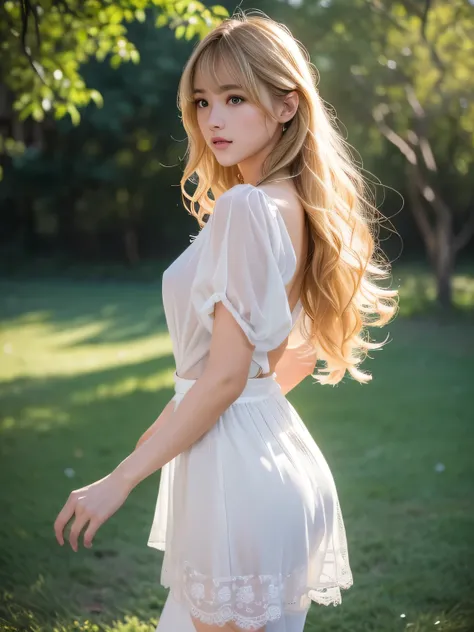 8K、Photo image masterpiece、highest quality、Super-resolution、Angle low-angle image from the feet、Beautiful woman with golden curly hair、((Blonde beauty))、With bangs、Strong winds、Impossibly cute face、And slim、Small breasts、High resolution、masterpiece、Exquisi...