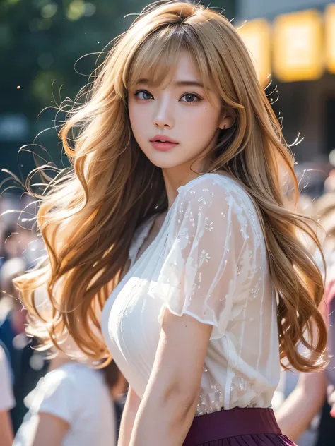 8K、Photo image masterpiece、highest quality、Super-resolution、Angle low-angle image from the feet、Beautiful woman with golden curly hair、((Blonde beauty))、With bangs、Strong winds、Impossibly cute face、And slim、Small breasts、High resolution、masterpiece、Exquisi...