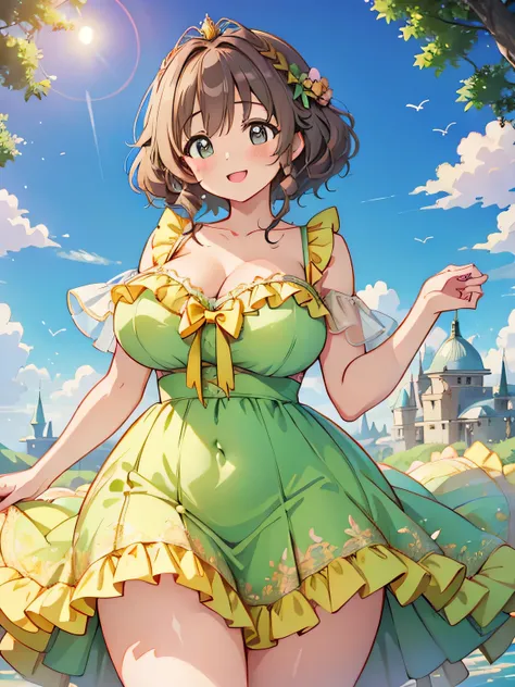 Anime illustration、highest quality、Fairy tale、The voluptuous princess、Perfect proportions、Braid、The Wizard of Oz、smile、Big Breasts、Thick thighs、Summer Dresses、Cowboy Shot