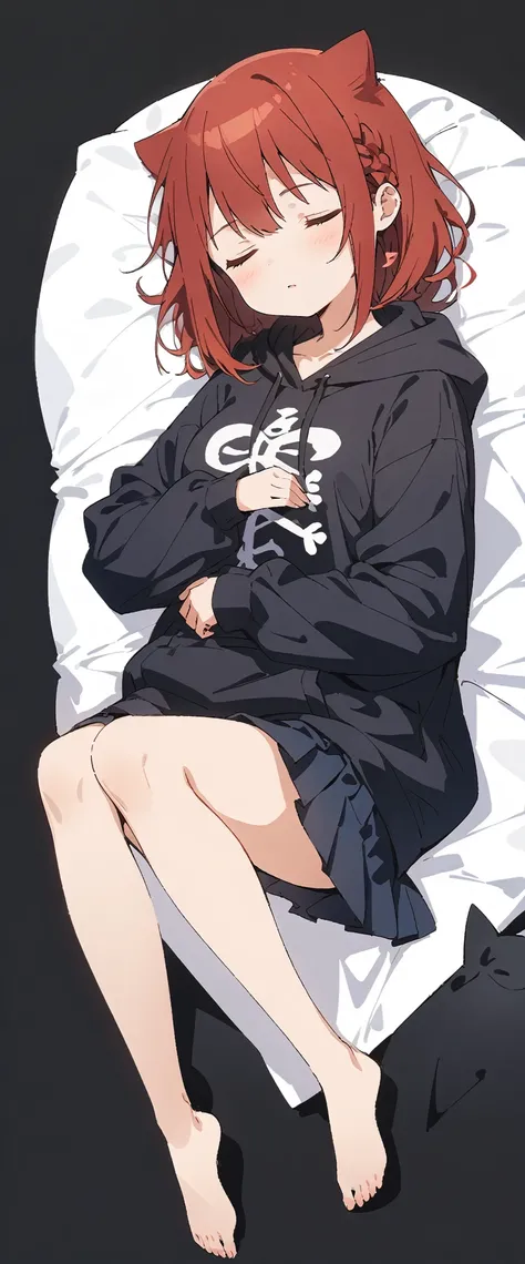 Solid white background、white background、Blank background、Ultra-high resolution, highest quality,Solo one girl、Full body view from the front、fish-bone braid hair、Fishbone Hair、red hair、busty、Sleeping、sleeping face、plain black hoodie、Black pleated skirt、bare...