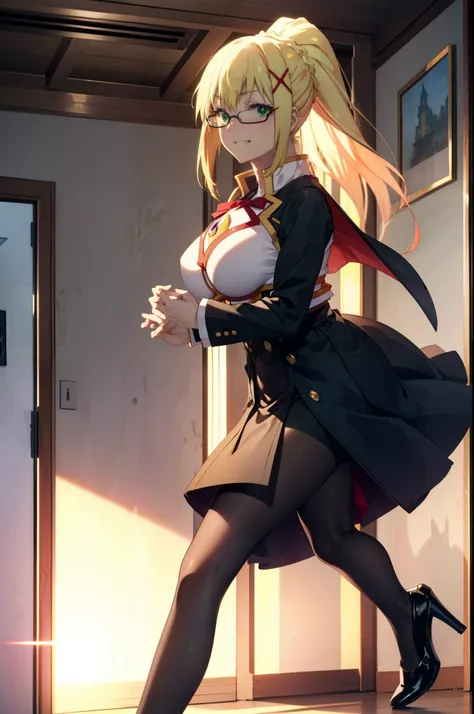 Lalatina Dusty Nesford, Lalatina Dustiness Ford, darkness (KonoSuba), Long Hair, (Green Eyes:1.3), Blonde, hair ornaments, ponytail, Braiding, x hair ornaments,Big Breasts,OL,Grin, Red glasses, black suit jacket, Collared jacket, White dress shirt, Collare...