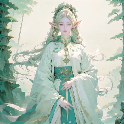 best quality,ultra-detailed,realistic,portrait,white gown,elf mage,staff,white twin tails,enchanted forest scenery,mystical lighting,fantasy,ethereal,colorful,soft pastel tones