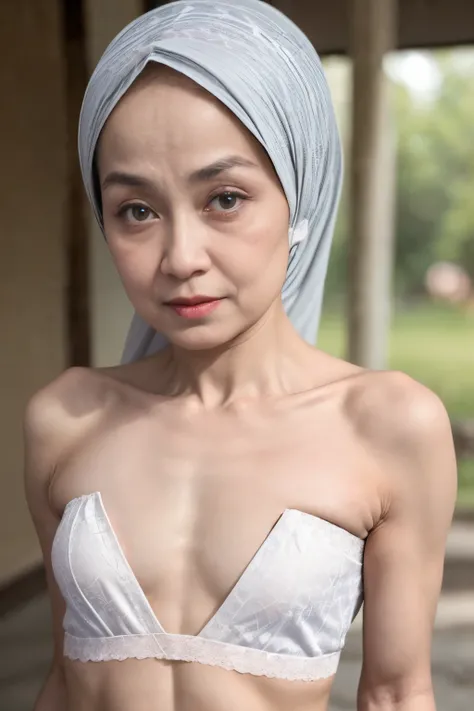 (((old lady:1.4))), ((SHORT HIJAB)), ((Flat chest:1.7)), (dynamic photograph of a 58 year old Indonesian woman), (slim top, cotton panties), (straight non curly hair), (highly detailed face:1.4), (vascular muscles and abs:1.3), (background inside light, br...