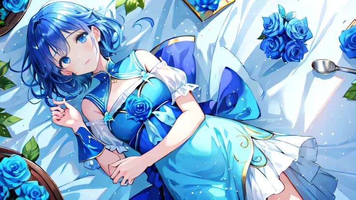 Blue Rose Fairy kisses the flowers. That fairy is smaller than the flower. Clean and tidy clothes exude a mysterious luster. Flower Field, Natural light,(best quality), (On the table:1.3), Super detailed, (Practical), (Reality), Butterfly_wing, Moderate ex...