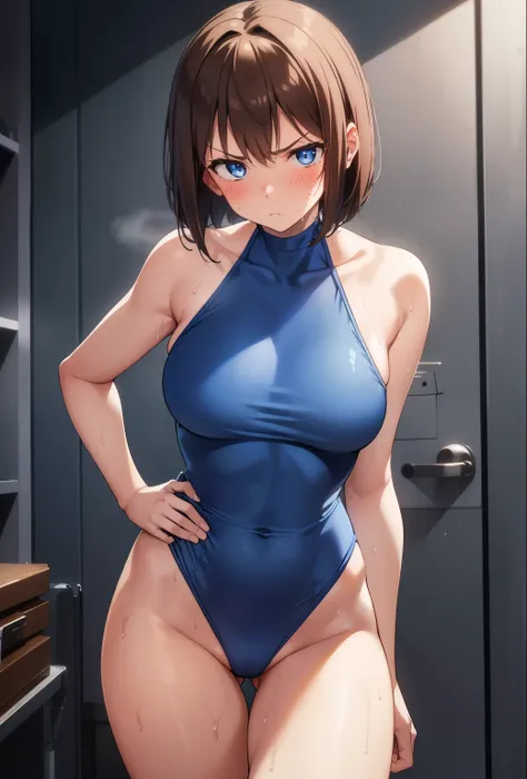 1 girl,Blue leotard,Super High Leg Cut,blue eyes,Serious face,Brown Hair,Bob Hair,New York City,Big Breasts,blush,Sweat,barefoot,bare hands,thin;office,Are standing,Embarrassing,Place your hands on your hips,Cowboy Shot,