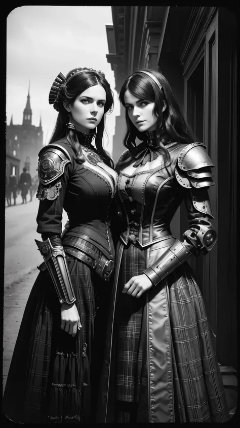 there is a robot and a woman dressed in costumes side by side, victorian science fiction inspired, hugh kretschmer, plaid attire, wearing ornate armor, daguerreotype photography, cinematography 2009, cinematic widescreen footage, black and white color phot...