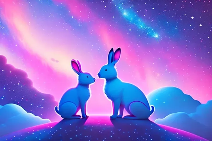 pink and blue as main colors，clock and rabbit，milky way，boys and girls love，rabbit