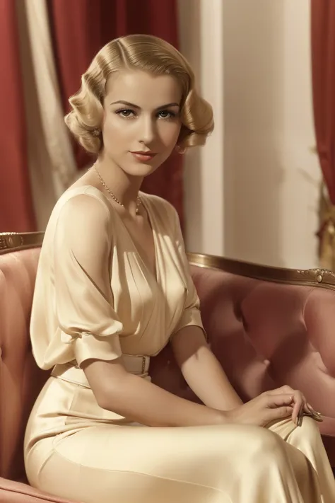 Tetouan, 1937. portrait of A young ((((26-year-old)) Rosalinda Fox)), pale, skinny, fresh, confident, elegant,  sitting in a couture shop, ((((clothings from the 1930s)))), ((wavy blonde hairstyle of the 1930s)), (colorful)