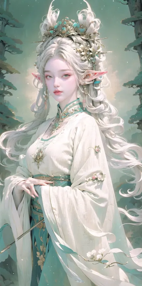 best quality,ultra-detailed,realistic,portrait,white gown,elf mage,staff,white twin tails,enchanted forest scenery,mystical ligh...