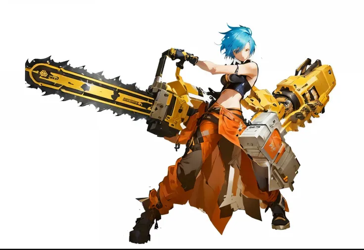 a close up of a person holding a Electric saw on a white background, Electric saw, Electric saw sword, Kushat Kents, Katana Zero video game character, author：Akihiko Yoshida, Guilty Gear Hard Splash Art, 2d anime, Best Animated Character Design, Anime Char...