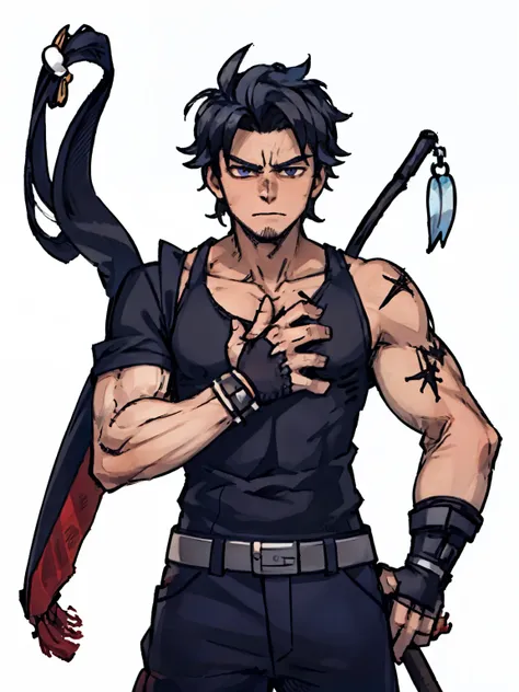 A male warrior，front,(,(Half Body),(Black hair),(blue)),Muscular and burly，Fierce，Scar，A word of protection on the chest，With a stick，blue披风，White background