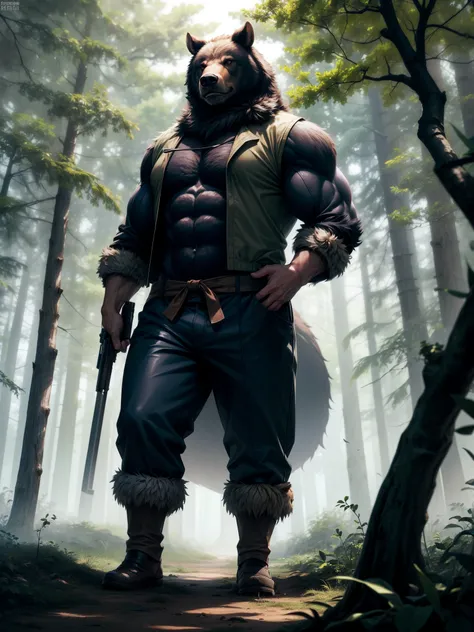 Deep in the forest、Sunlight on trees々Insert it slightly between the、A muscular hunter stood there.。His figure is one with nature、It exudes a solitary presence in the silent forest.。In his hand he held a heavy hunting rifle、He has dark sunglasses on his eye...