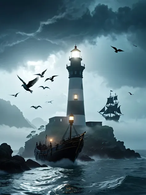 ((((one lighthouse in volumetric fog)))) and flying birds and a (((one pirate ship approaching during a storm))), cosmic event with mystical dense volumetric fog, epic scene, 8k, bokeh, high detail, ray tracing, haunting mist, whispering wind, eerie silenc...