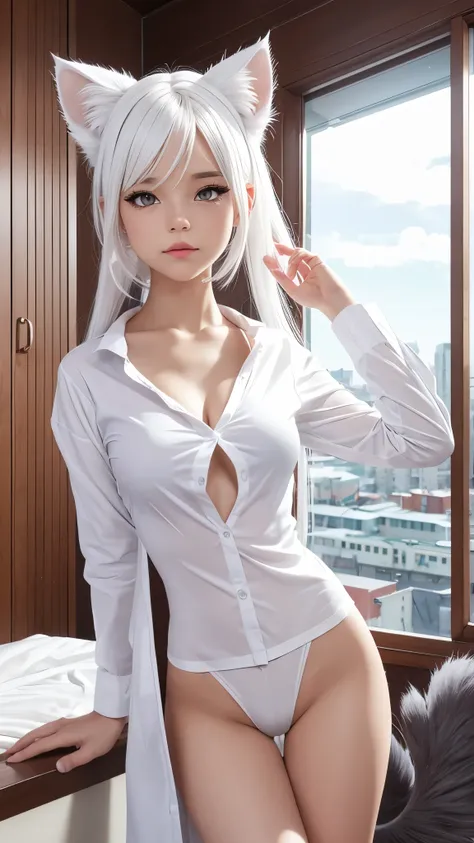 1girl, ebenya, looking at viewer, white hair, neko, cat ears, cat tail, white shirt, open clothes, russian city, ba-shiroko,comics,fantasia,sfw,marvel e DC