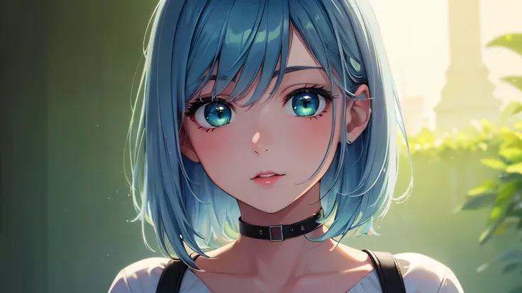 (Best quality at best,8K,A high resolution,tmasterpiece:1.2),Digital artwork, one girl，detailed face，detailed eyes，light blue hair，short straight hair，glowing green eyes，red lip，Suspenders