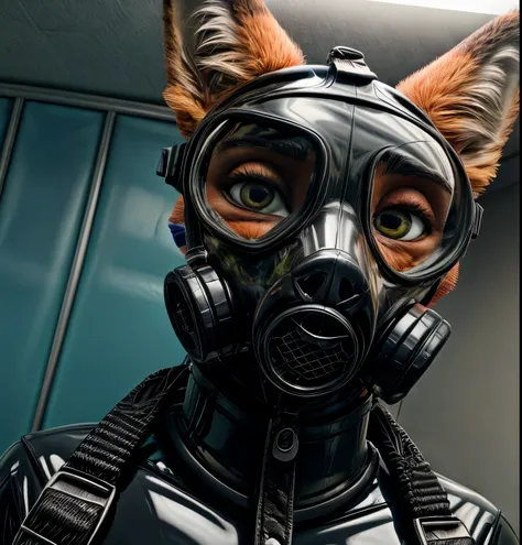 photograph, realistic, 4k, solo, furry, nick wilde, black rubber, medical examination room, (latex suit), looking at viewer, swe...