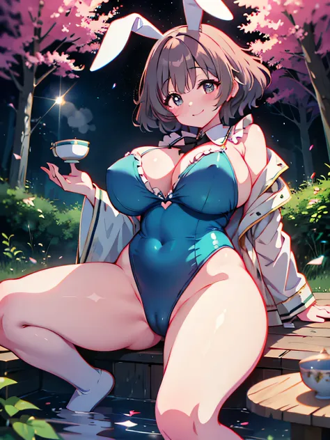 Anime illustration、highest quality、Fairy tale、Fantasy、Alice in Wonderland、Voluptuous Bunny Girl、Bunny ears、Forest Tea Ceremony、Big Breasts、Thick legs、Beautiful, shining eyes、smile、Noise Reduction