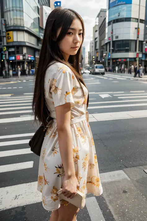 a japanese 25 years old girl with long hair wearing sun dress  in Shibuya Crossing