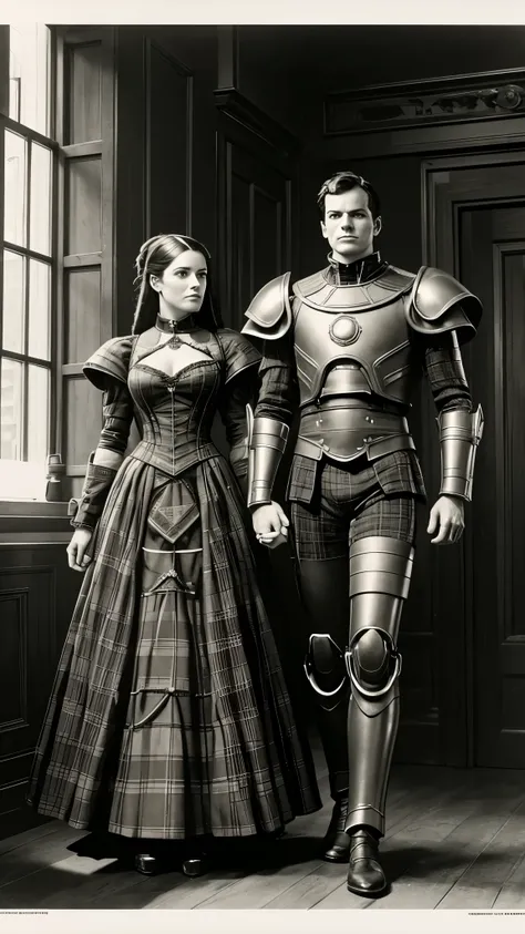 there is a robot and a woman dressed in costumes side by side, victorian science fiction inspired, hugh kretschmer, plaid attire, wearing ornate armor, daguerreotype photography, cinematography 2009, cinematic widescreen footage, black and white color phot...