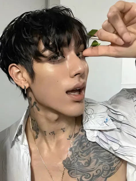 hay una hombre con un tatuaje en el brazo y un hombre con un tatuaje en el brazo, an epic non-binary model, androgynous face, androgynous person, androgynous male, delicate androgynous prince, androgynous, beautiful androgynous prince, huge earrings and st...