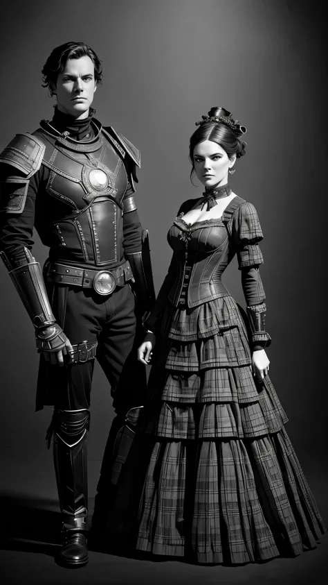 there is a robot and a woman dressed in costumes side by side, victorian science fiction inspired, hugh kretschmer, plaid attire, wearing ornate armor, daguerreotype photography, cinematography 2009, cinematic widescreen footage, black and white color phot...