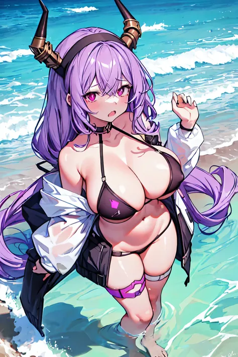 Typhon| Arc Knight, Masterpiece, best quality, 1 woman,25 years old ,micro mini bikini small, micro mini bikini covering only the nipples,  gigantic breasts, Huge, enormous breasts, large breasts shrugged, My hair is very long., headband, purple hair, prop...