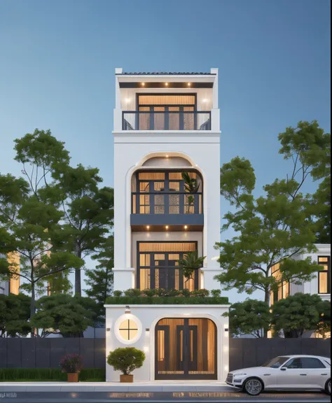 PLATFORM KTHOUSE, 1 morden WHITE house, slope roof, main material of villa about build color wall:1.2 glass panel:1.1 and stone:1.2, 1large yard, 1 road runs in front of the house, (RAW photo, real, best quality, masterpiece:1.2), look morden minimalist, 1...