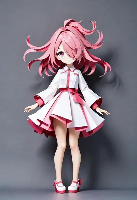 best quality, papercraft:2, full body a ((hair over eyes)) pink hair long hair cute girl, cute pink eyes.