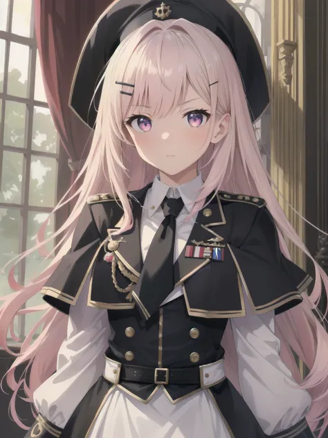 The girl wore a black German military uniform, The girl was draped in a black cloak, surreal, granblue fantasy style, extremely delicate and beautiful, upper body, looking at viewers, focus on eyes, hands behind back, grace, Perfect female body, girlan ext...