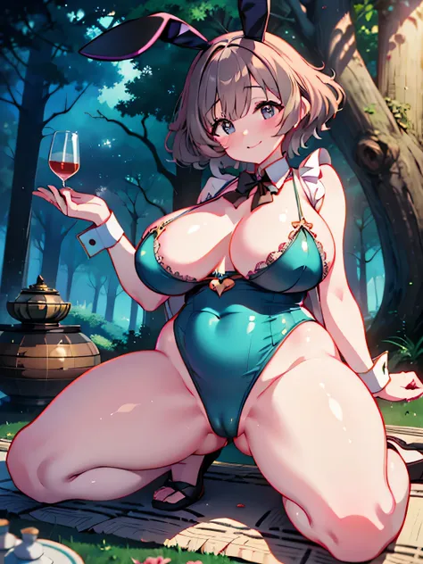 Anime illustration、highest quality、Fairy tale、Fantasy、Alice in Wonderland、plump female traveler、Bunny ears、Forest Tea Ceremony、Big Breasts、Thick legs、Beautiful, shining eyes、smile、Noise Reduction