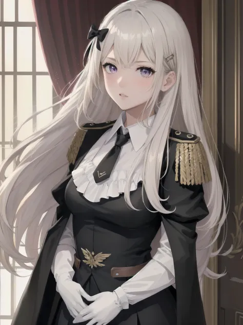 The girl wore a black German military uniform, The girl was draped in a black cloak, surreal, granblue fantasy style, extremely delicate and beautiful, upper body, looking at viewers, focus on eyes, hands behind back, grace, Perfect female body, girlan ext...