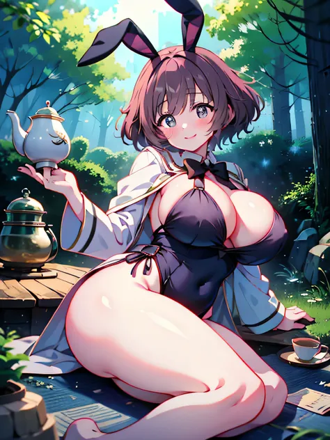 Anime illustration、highest quality、Fairy tale、Fantasy、Alice in Wonderland、plump female traveler、Bunny ears、Forest Tea Ceremony、Big Breasts、Thick legs、Beautiful, shining eyes、smile、Noise Reduction