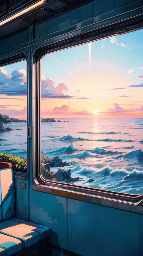 a painting of a view of the ocean from a train window, reflections. by makoto shinkai, anime. by makoto shinkai, blue sea. by makoto shinkai, ( ( makoto shinkai ) ), vaporwave sunset, anime asthetic, by Hiroshi Nagai, scenery wallpaper aesthetic, makoto sh...