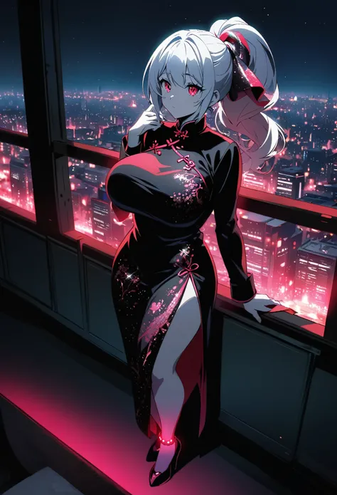 anime, (artwork, best quality, ultra-detailed, high contrast), 1 woman brasilian (Alone, full body, plus size body, standing on the edge of the skyscraper, silver hair, LONG In a ponytail, red eyes, perfect eyes ruby sparkles, (simple black qipao, black cy...