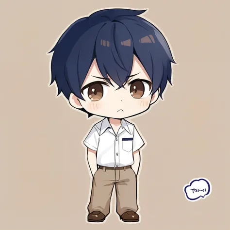 chibi, boy, navy hair, white shirt, short brown pants, angry