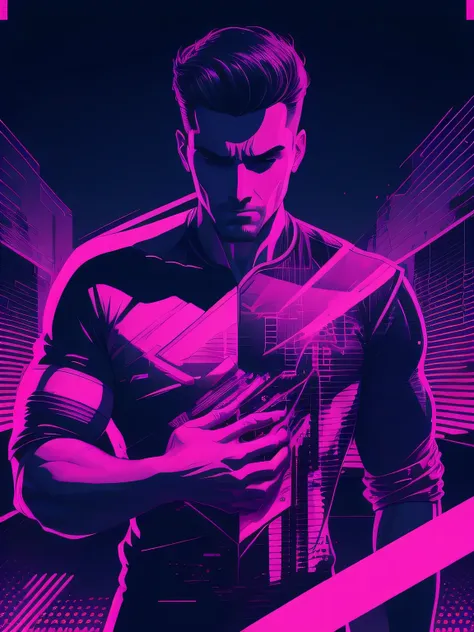 man ripping open his chest, synthwave aesthetics, illustration, vector art, screen print art--q 5