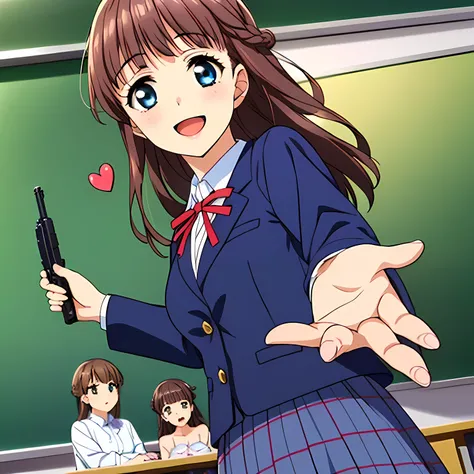 highest quality, (masterpiece:1.2), Very detailed, Game CG, (((Very beautiful girl in school uniform１A fashion model is drawing a heart symbol on a blackboard while looking at the board))), ((The girl everyone loves)), (((Brown and very shiny short bob hai...