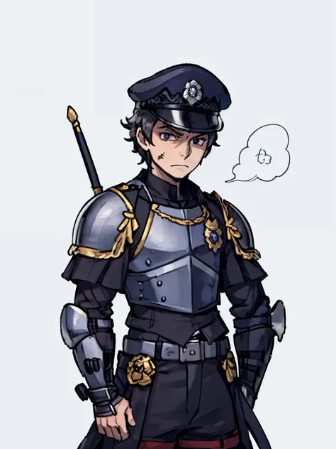 (A male warrior，armor)，front,(,(Half Body),(Black short hair),(蓝色armor),(British police hat))，Fierce，Scar，Blue by Capelet，White background