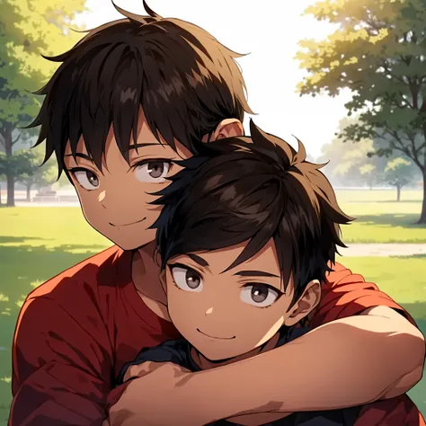 2 boy,black hair and brown hair,hug from behind,looking at viewer,smile,(detailed eyes),detailed skin,(masterpiece,best quality:...