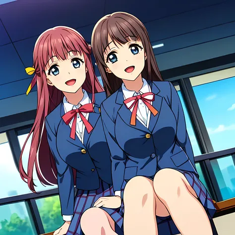 highest quality, (masterpiece:1.2), Very detailed, Game CG, ((((Very beautiful school uniform３Two girls are sitting)))), ((The girl everyone loves)), (((Very beautiful hair))), (((Navy blue blazer))), ((Dark navy blue checked long skirt)), ((((Very beautif...