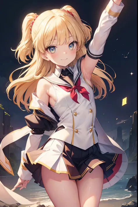 Rika Jogasaki、blush,smile,、Blonde、In uniform、Wearing a cute uniform、Primary school students、The back is very small、Lolita、Small breasts、Showing armpits、exterior: 14 years old、Shoulder Bare、The clavicle is visible、Sexy thighs、Beautiful feet、Usual hairstyle、...