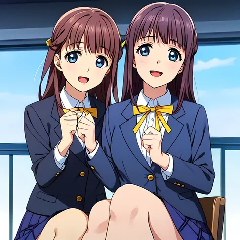 highest quality, (masterpiece:1.2), Very detailed, Game CG, ((((Very beautiful school uniform３Two girls are sitting)))), ((The girl everyone loves)), (((Very beautiful hair))), (((Navy blue blazer))), ((Dark navy blue checked long skirt)), ((((Very beautif...